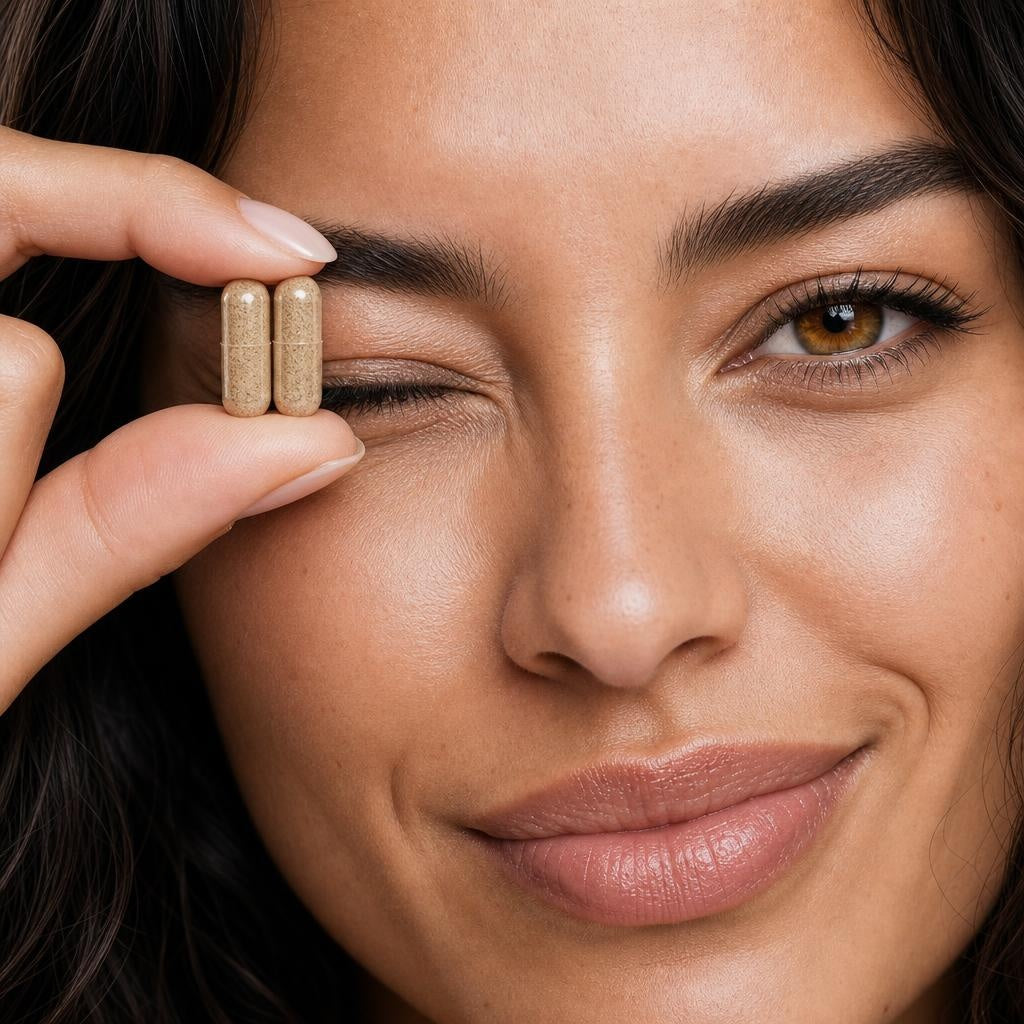 Close-up of a woman holding two CoreLabs capsules beside her eye