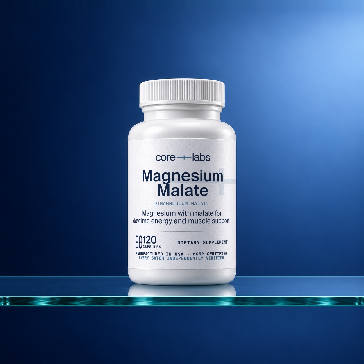 CoreLabs Magnesium Malate bottle centered on a glass shelf against a blue background
